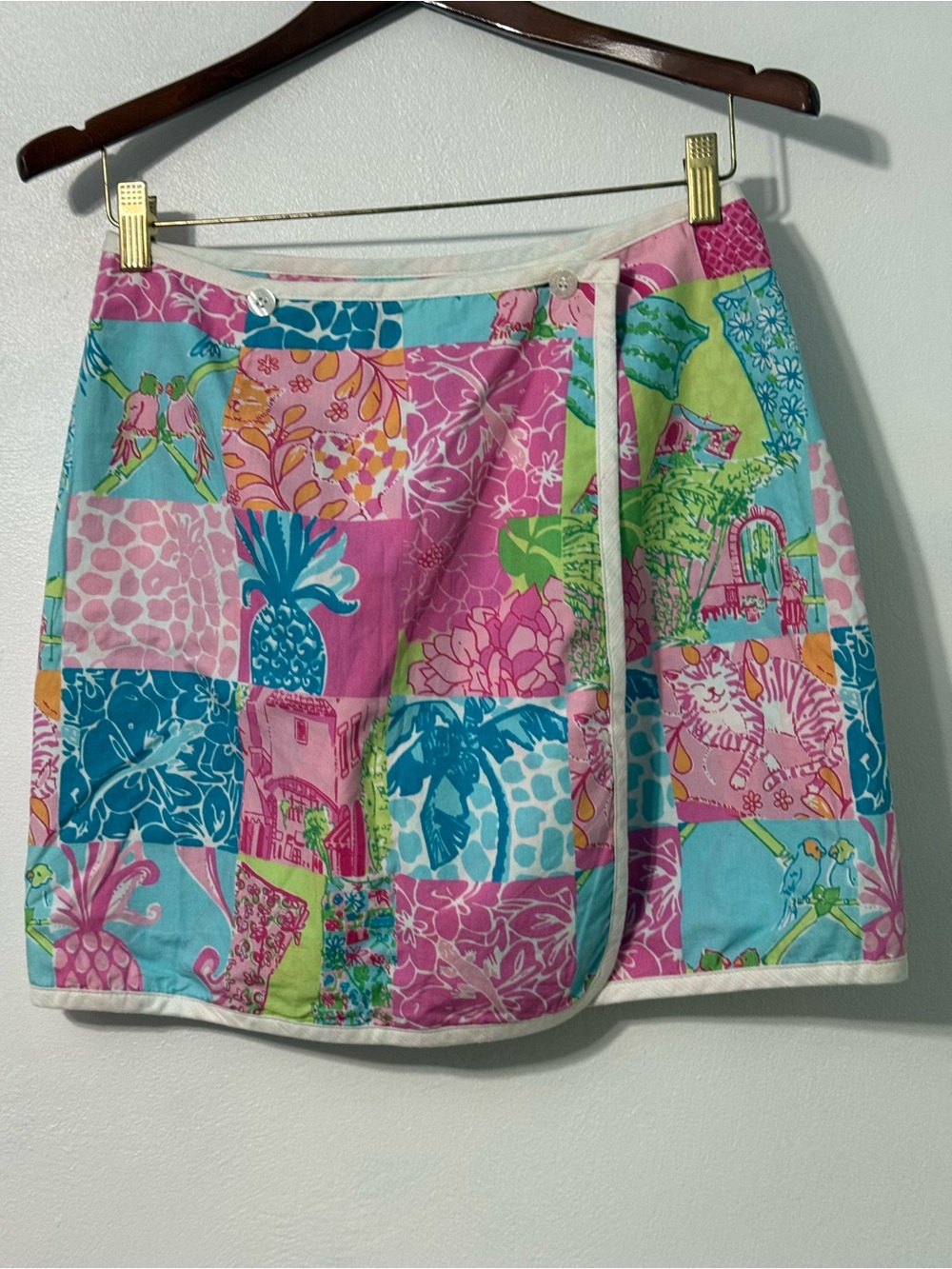 Lilly Pulitzer Patchwork Tropical Wrap reversible Mini Skirt - size 4 *flaw*